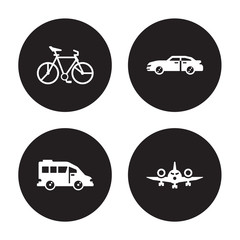 4 vector icon set : Bicycle, airport shuttle, Automobile, Aeroplane isolated on black background