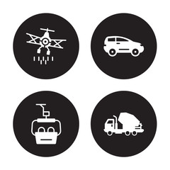 4 vector icon set : crop duster, chairlift, compact car, Cement truck isolated on black background