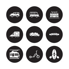 9 vector icon set : minivan, Minibus, light rail, Limousine, litter car, Metro, Lorry, Kick scooter isolated on black background
