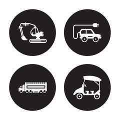 4 vector icon set : Excavators, eighteen-wheeler, Electric car, eco-friendly transport isolated on black background