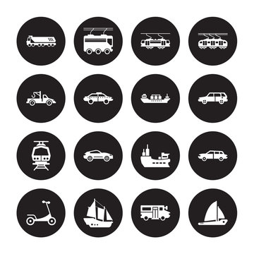 16 vector icon set : Truck, School bus, schooner, Scooter, Sedan, Sailboat, Tow truck, Subway, Tanker isolated on black background