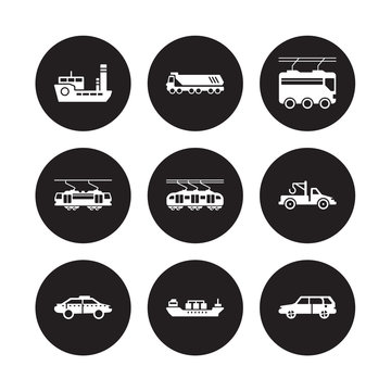 9 vector icon set : tugboat, Truck, Taxi, Tow truck, Train, Trolleybus, Tramway, Tanker isolated on black background