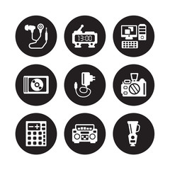 9 vector icon set : Earphones, Digital clock, Calculator, Camera, Charger, Computer, Compact disc, Boombox isolated on black background