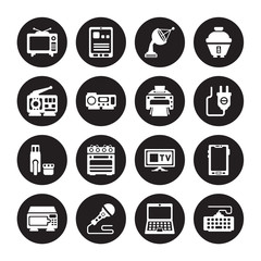 16 vector icon set : Television, Laptop, Microphone, Microwave, Mobile phone, Keyboard, Radio, Pendrive, Printer isolated on black background