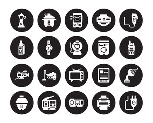 20 vector icon set : percolator, Printer, Projector, Radio, Rice cooker, trimmer, Washing machine, Television, Video camera, Wristwatch, rotisserie isolated on black background