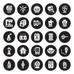 25 vector icon set : burglar alarm, Washing machine, Webcam, Wristwatch, vaporizer, garbage disposal, kerosene heater, rotisserie, percolator, espresso maker isolated on black background.