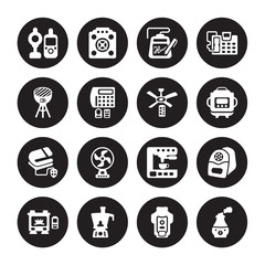 16 vector icon set : baby monitor, garbage disposal, food processor, furnace, electric pencil sharpener, humidifier, BBQ grill, blanket, ceiling fan isolated on black background