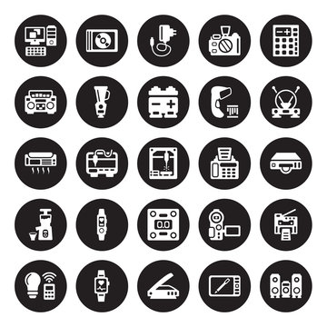 25 vector icon set : Computer, Graphic tablet, Scanner, Smartband, Smart light, Antenna, Fax Machine, Weighing, Cold-pressed juicer, Boombox, Charger, Compact disc isolated on black background.