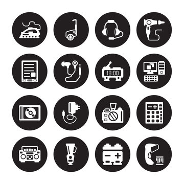16 vector icon set : Iron, Battery, Blender, Boombox, Calculator, Barcode scanner, Ereader, Compact disc, Digital clock isolated on black background