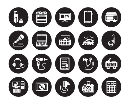 20 vector icon set : Pendrive, Camera, Charger, Compact disc, Computer, Microwave, Iron, Ereader, Headphones, Laptop, Monitor isolated on black background