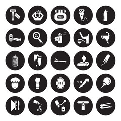 25 vector icon set : Razor, Nail file, polish, scissors, Napkin, Washbowl, Tissue, Sanitary napkin, Shower cap, Bandage, Gel, Hair washing isolated on black background.