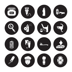 16 vector icon set : Gel, Shaving brush, Shower cap, Tampon, Tissue, Sanitary napkin, Bacteria, Toothpick, Wax isolated on black background