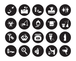 20 vector icon set : ablution, Wax, Air freshener, Bacteria, Bandage, Wc, Towel, Gel, Razor, Vacuum, shaving gel isolated on black background