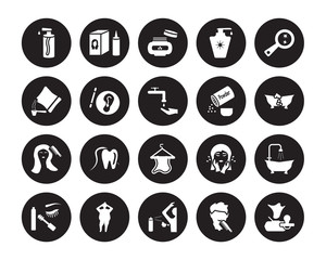 20 vector icon set : pump bottle, beardy, body odour, shaming, dolled up, parasite, powder, face towel, grooming, varnish, cream isolated on black background
