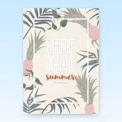 Muurstickers Summer poster template design, tropical green leaves on light brown background, pastel vintage style © momosama