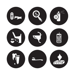9 vector icon set : Bandage, Bacteria, Tooth paste, Toothpick, Washbowl, Air freshener, Wax, Brush isolated on black background
