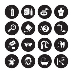 16 vector icon set : pump bottle, douche, face washer, towel, flossing, dolled up, parasite, powder, varnish isolated on black background
