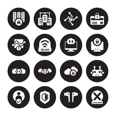 16 vector icon set : data locked, Airpods, Antivirus, Authentication, Bot, Access denied, Connection error, Cloud storage, Computing cloud isolated on black background