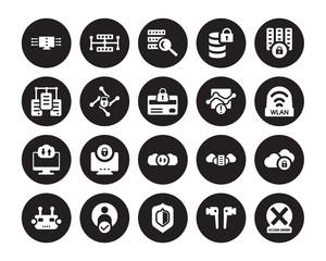 20 vector icon set : data streaming, Airpods, Antivirus, Authentication, Bot, locked, Connection error, Cloud storage, Computing cloud, Cyber security isolated on black background