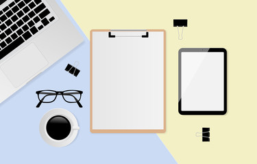 Fototapeta na wymiar White sheet on clipboard with space for text, blank digital tablet, eyeglasses, coffee cup and laptop computer on pastel color background. Top view, vector illustration