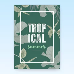 Fotobehang Summer poster template design, tropical green leaves on green background, pastel vintage style © momosama