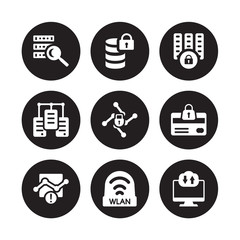 9 vector icon set : data search, Data protection, Connection error, Cit card security, Cyber locked, center, wlan isolated on black background