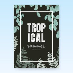 Summer poster template design, tropical green leaves on dark grey background, pastel vintage style