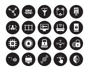 20 vector icon set : network optimization, Interactive, Internet, internet Attack, Internet connection, certificate, Modem, Locked, Microchip, Network isolated on black background