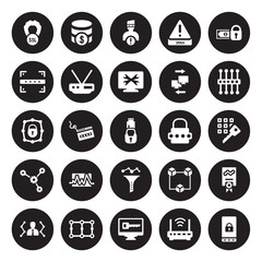 25 vector icon set : Ssl, Modem, Monitor security, Network, network adminstrator, proxy server, Password, Funnel, optimization, Scan, Spyware, Sql isolated on black background.