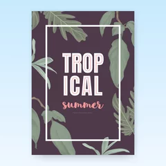 Tuinposter Summer poster template design, tropical green leaves on dark purple background, pastel vintage style © momosama