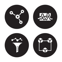 4 vector icon set : network optimization, Funnel, Monitoring, Cubes isolated on black background