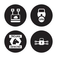 4 vector icon set : virtualization, Trojan, Virtual private network, traffic encryption isolated on black background