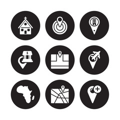 9 vector icon set : Church, Center, Africa, Airport Pin, Arrow On Map, Building Bank Add to Map isolated on black background