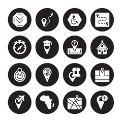 Fototapeta premium 16 vector icon set : Distance, Add to Map, Africa, Airport Pin, Arrow On Location, College Center, Club location isolated on black background