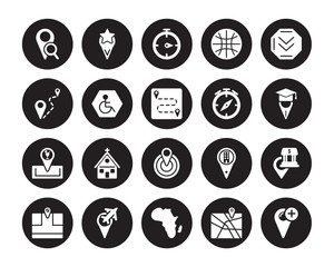 20 vector icon set : Favorite Place, Add to Map, Africa, Airport Pin, Arrow On Distance, College Center, Club location, Destination, Earth grid isolated on black background