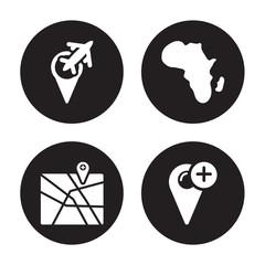 4 vector icon set : Airport Pin, Add to Map, Africa, Location isolated on black background