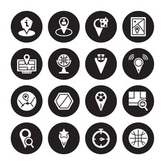 16 vector icon set : Human Location, Earth grid, East, Favorite Place, Find Down chevron, Globe, Forbidden, Geolocalization isolated on black background