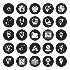 25 vector icon set : No waiting, Gift shop Location, Globe, Gps device, GPS Map Transports, Locked Place, information Point Pin, National Park Pin isolated on black background.