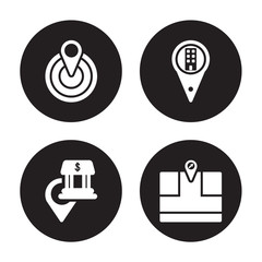 4 vector icon set : Center, Bank Pin, Building Arrow On Map isolated on black background