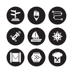 9 vector icon set :, Shopping Pin, Rolled Up Map, Rose of the Winds, Sailboat, Segment Path, Satellite, Right chevron isolated on black background