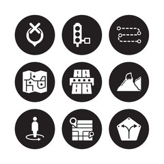 9 vector icon set : Unavailable Location, Traffic lights, Street view, Terrain, Toll road, Track, Touristic map, Map isolated on black background