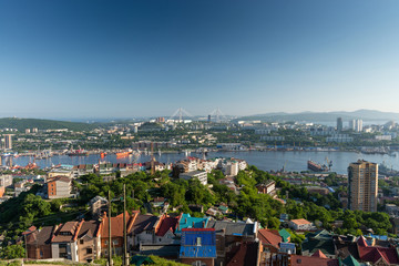 Obraz premium The main city of Primorsky region Rossi city port of Vladivostok. View of the port city of Vladivostok, the top of the Hill.