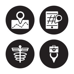 4 vector icon set : Placeholder, Pharmacy, Phone Location, Pharmacy Pin isolated on black background