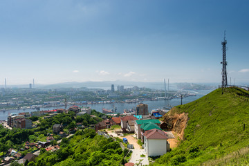 Obraz premium The main city of Primorsky region Rossi city port of Vladivostok. View of the port city of Vladivostok, the top of the Hill.