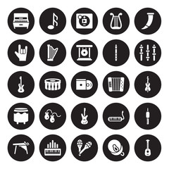 25 vector icon set : Piano, Cymbal, Maraca, Organ, Marimba, Equalizer, Accordion, Bass Guitar, Bongo, Heavy metal, Music player, Musical Note isolated on black background.