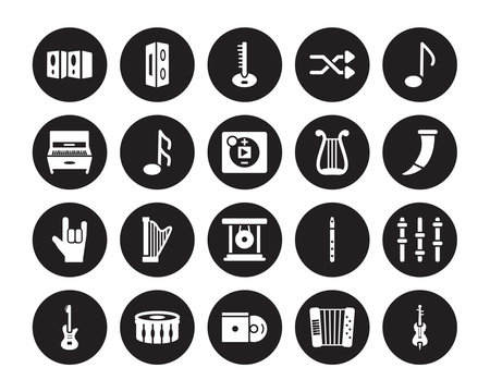 20 vector icon set : Speaker, Accordion, Disc, Drum, Electric guitar, Quaver, Lyre, Gong, Heavy metal, Musical Note, Sitar isolated on black background