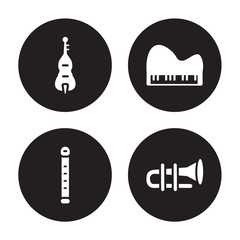 4 vector icon set : Double bass, Pennywhistle, Harpsichord, cornet isolated on black background