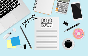 2019 goals text on white paper with office supplies blue background. Vector illustration