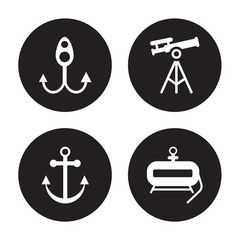4 vector icon set : Bait, Anchor, Antique Telescope, Air Tank isolated on black background