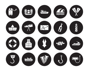 20 vector icon set : Oxygen tank, Fishing Hook, Flippers, Frigate, Oars, Message In a Bottle, Lady Swimwear, Life preserver, Nautical Monocular isolated on black background